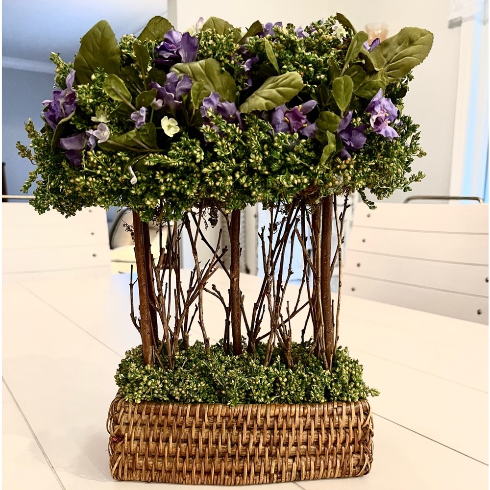 Spring Floral Topiary Basket purple greenery wooden cottage shabby chic. 14x12x4